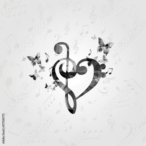 Black and white G-clef heart with music notes. Music poster with music notes. Music elements design for card, poster, invitation. Music background vector illustration