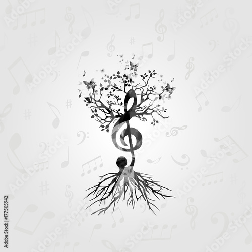 Black and white music poster with G-clef tree. Music elements design for card, poster, invitation. Music background with music notes vector illustration