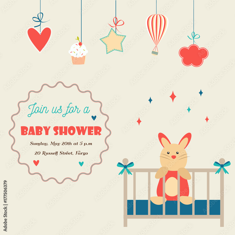 Obraz premium Baby shower invitation card with little rabbit in a baby cot