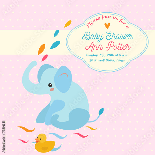 Baby shower invitation card with elephant and little duck