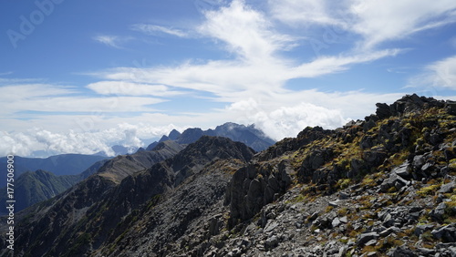 北アルプス登山、大喰岳の下から穂高連峰を見る