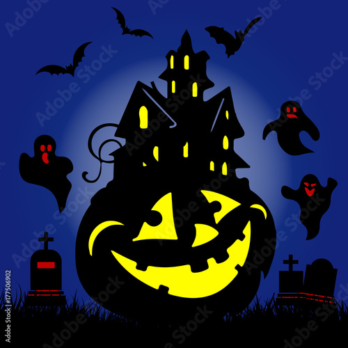 Holiday Halloween, Night illustration silhouette in the cemetery, glowing pumpkin and ghosts, cartoon