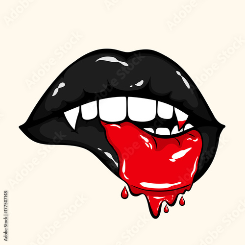 Vampire biting lips with blood on lower black lip. Halloween vector illustration