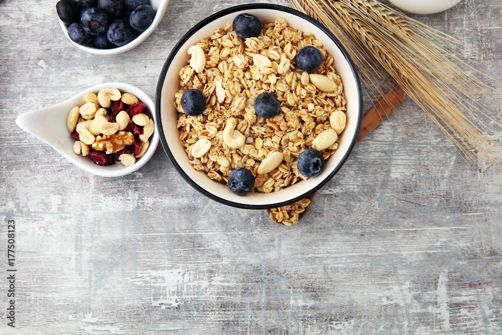 Oat flakes with milk, honey, blueberries, raspberries and nuts. Oat flakes with milk, honey, blueberries, raspberries and nuts.