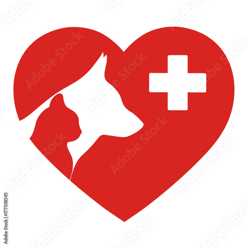 silhouette of cat and dog on background of heart
