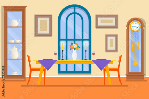 Restaurant or dining room interior.Dining table for date with glasses of wine, flowers and chairs and sideboard. Vector illustration.