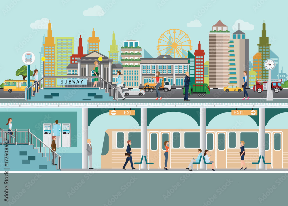Cityscape with subway train station platform  under city street with people enter subway station