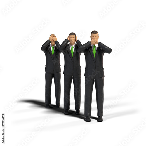 3 toy miniature figure businessmen in three wise monkeys pose isolated on white background - see no evil, hear no evil, speak no evil