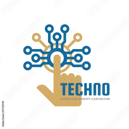 Techno - vector logo template concept illustration. Human hand touch computer electronic chip. Modern technology design element. 