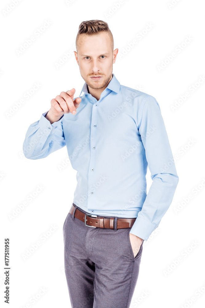 Fototapeta premium businessman looking and pointing finger gesture . happiness, gesture, emotions and people concept. Image on white studio background.
