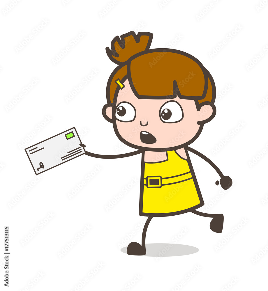 Worried Kid Running with Letter - Cute Cartoon Girl Vector Worried Kid Running with Letter - Cute Cartoon Girl Vector