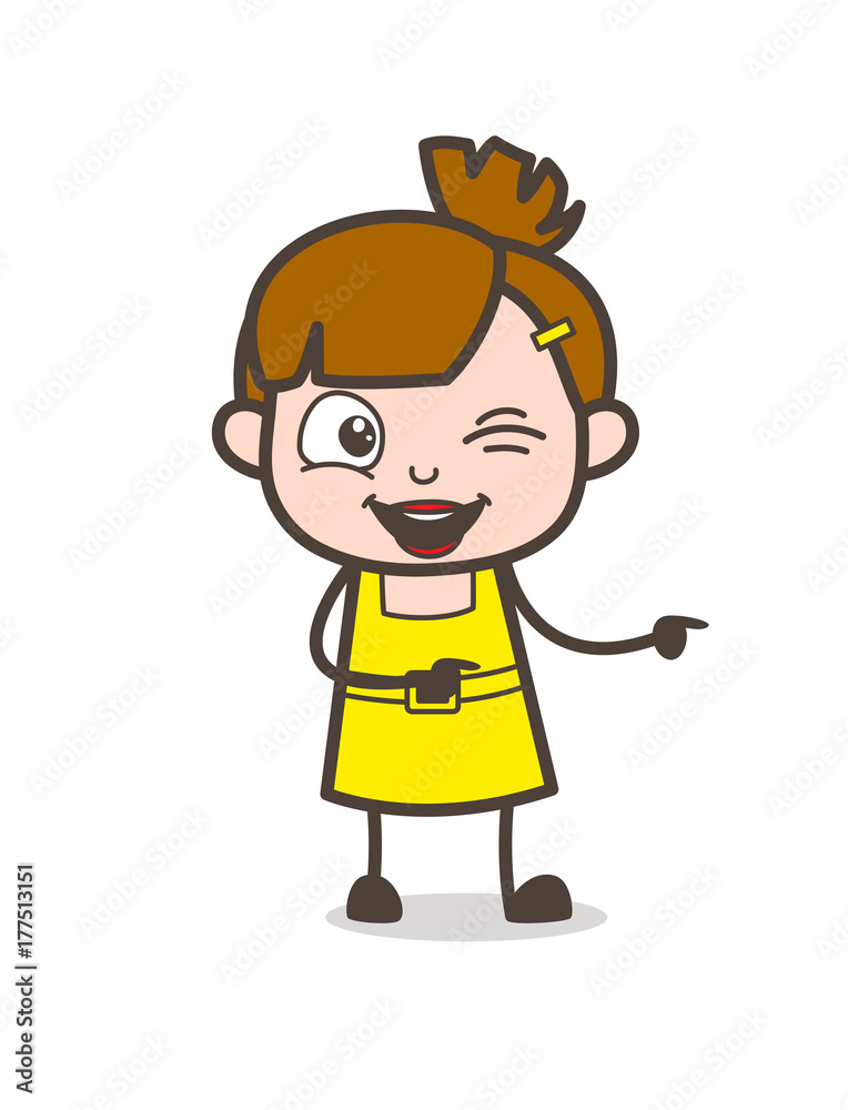 Naughty Kid Winking Eye and Pointing Finger - Cute Cartoon Girl Vector