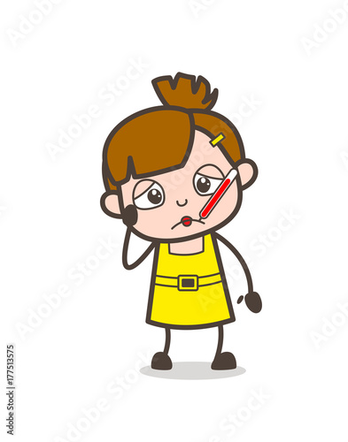 Sick Kid with Fever Thermometer - Cute Cartoon Girl Vector