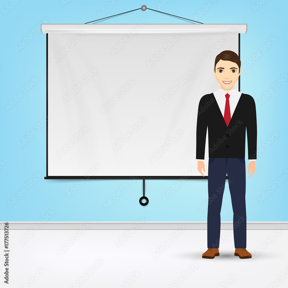 Businessman giving presentation with projector screen white board. Presentation concept Vector illustration. Businessman giving presentation with projector screen white board. Presentation concept Vector illustration.