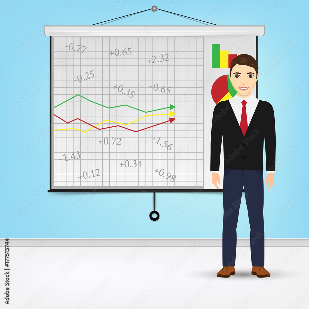 Businessman giving presentation with projector screen white board. Presentation concept Vector illustration. Businessman giving presentation with projector screen white board. Presentation concept Vector illustration.