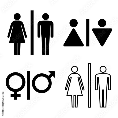 Set of WC icons. Gender icon. Washroom icon. Man and woman icon isolated on white background. Vector illustration.