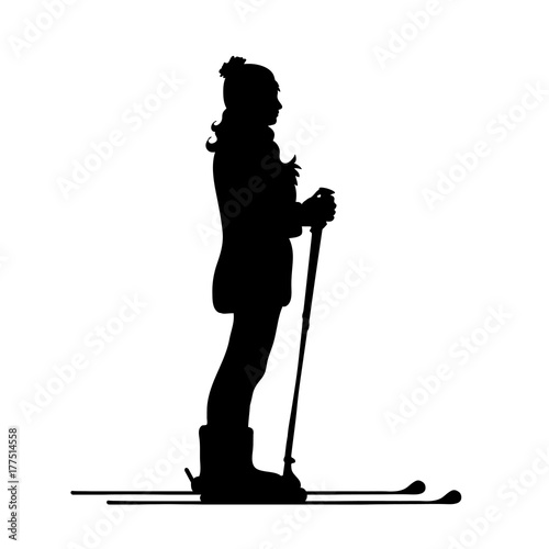 Vector silhouette of woman on ski on white backgorund.