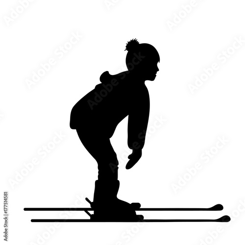 Vector silhouette of child on ski on white backgorund.