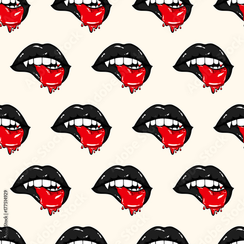 Seamless pattern of vampire biting lips with blood on lower black lip. Halloween vector illustration