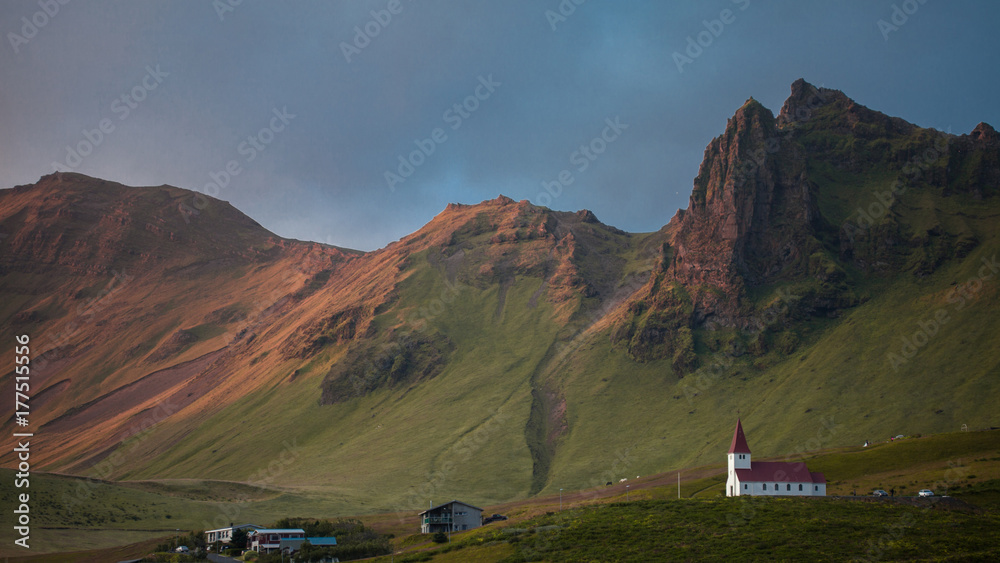 Iceland, the Church on the backdrop of beautiful rocks. Vik Iceland, the Church on the backdrop of beautiful rocks. Vik