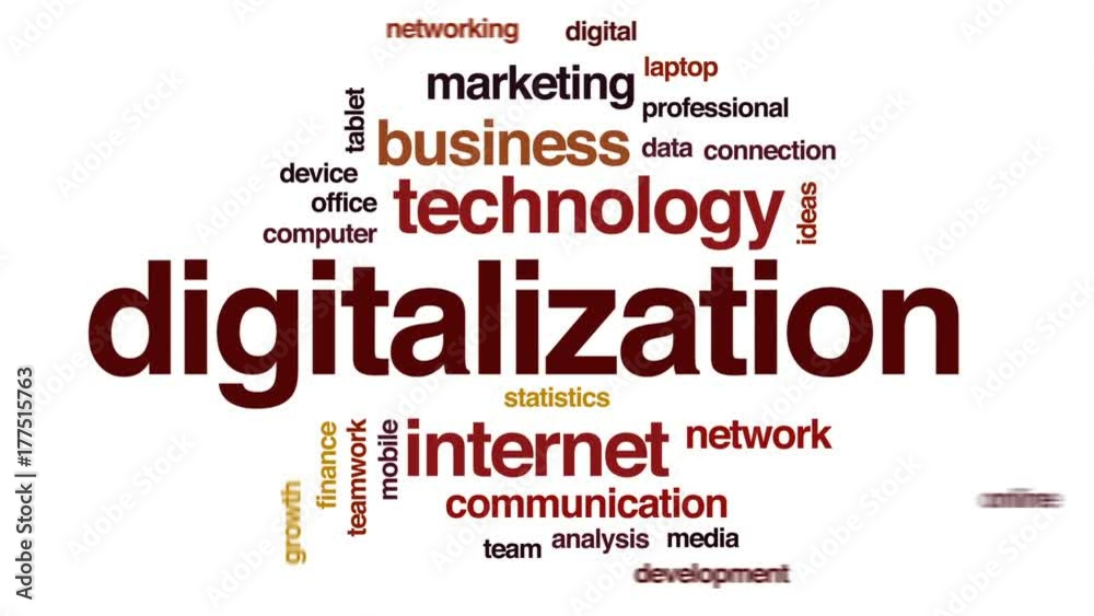 Digitalization animated word cloud, text design animation. Digitalization animated word cloud, text design animation.