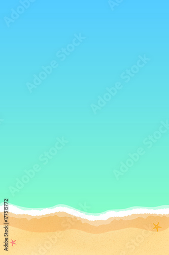 Vertical background for poster. Top view of a sea beach. Sea stars on the sand. Happy beach vacation. Vector