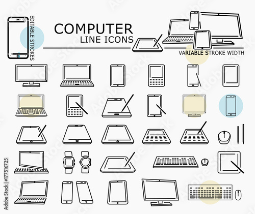Computer line icons with minimal nodes and editable stroke width and style at a different angles