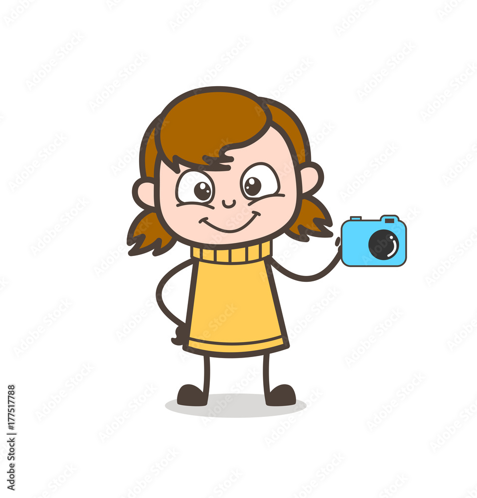 Little Salesgirl Showing Camera - Cute Cartoon Girl Illustration