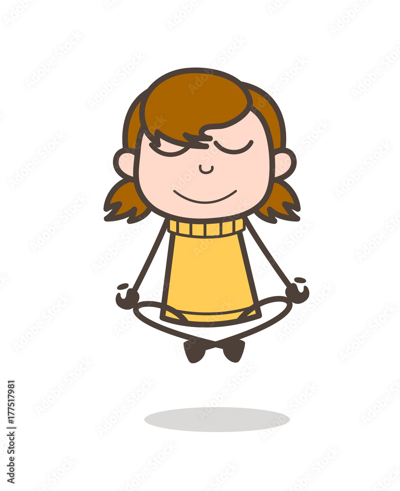 Doing Meditation with Happy Face - Cute Cartoon Girl Illustration