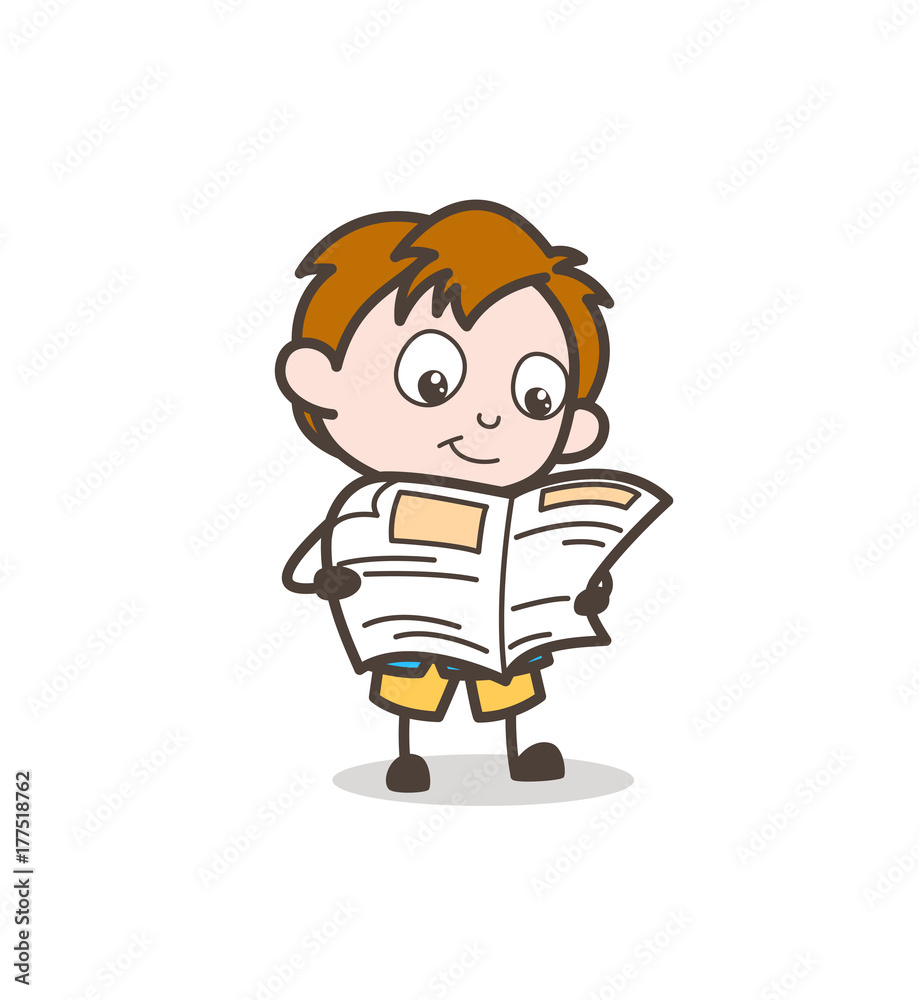 Small Kid Reading Newspaper - Cute Cartoon Kid Vector Small Kid Reading Newspaper - Cute Cartoon Kid Vector