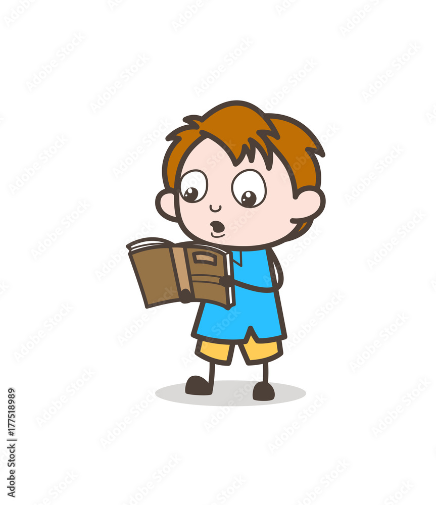 Little Boy Reading Book - Cute Cartoon Kid Vector