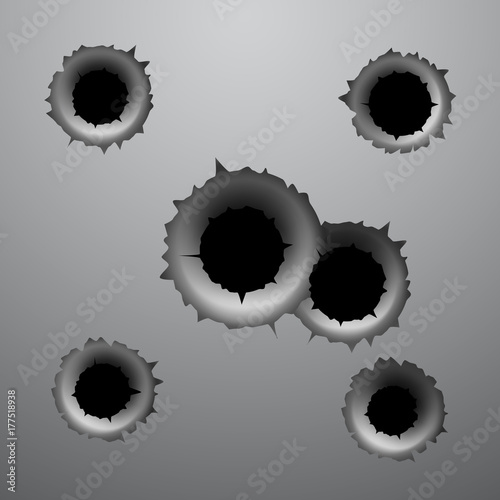 Set of bullet holes in a metal texture, vector illustration