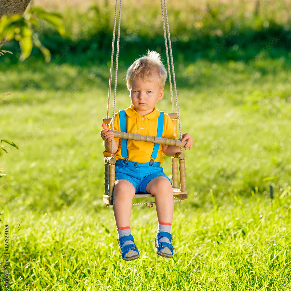 Rural scene with toddler boy swinging outdoors. Rural scene with toddler boy swinging outdoors.