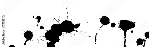 Ink splash, strokes and stains background. Paint splatter. Black blots on white. Abstract black and white vector illustration. Grunge template.