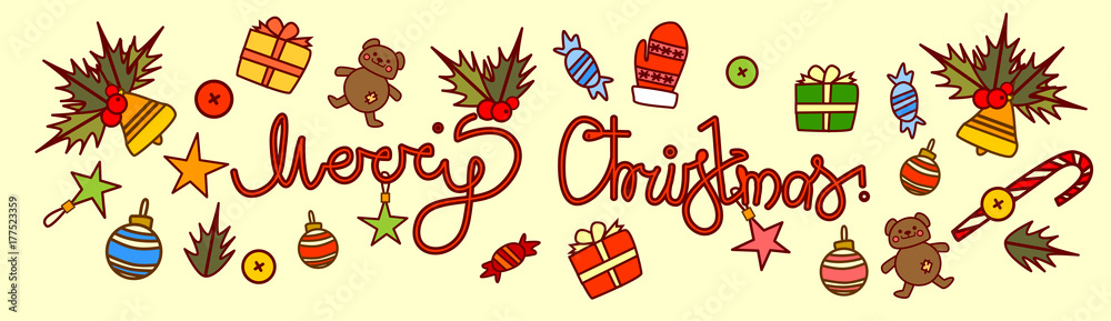 Merry Christmas Text Design On New Year Decorations Background Hand Drawn Style Horizontal Poster Vector Illustration