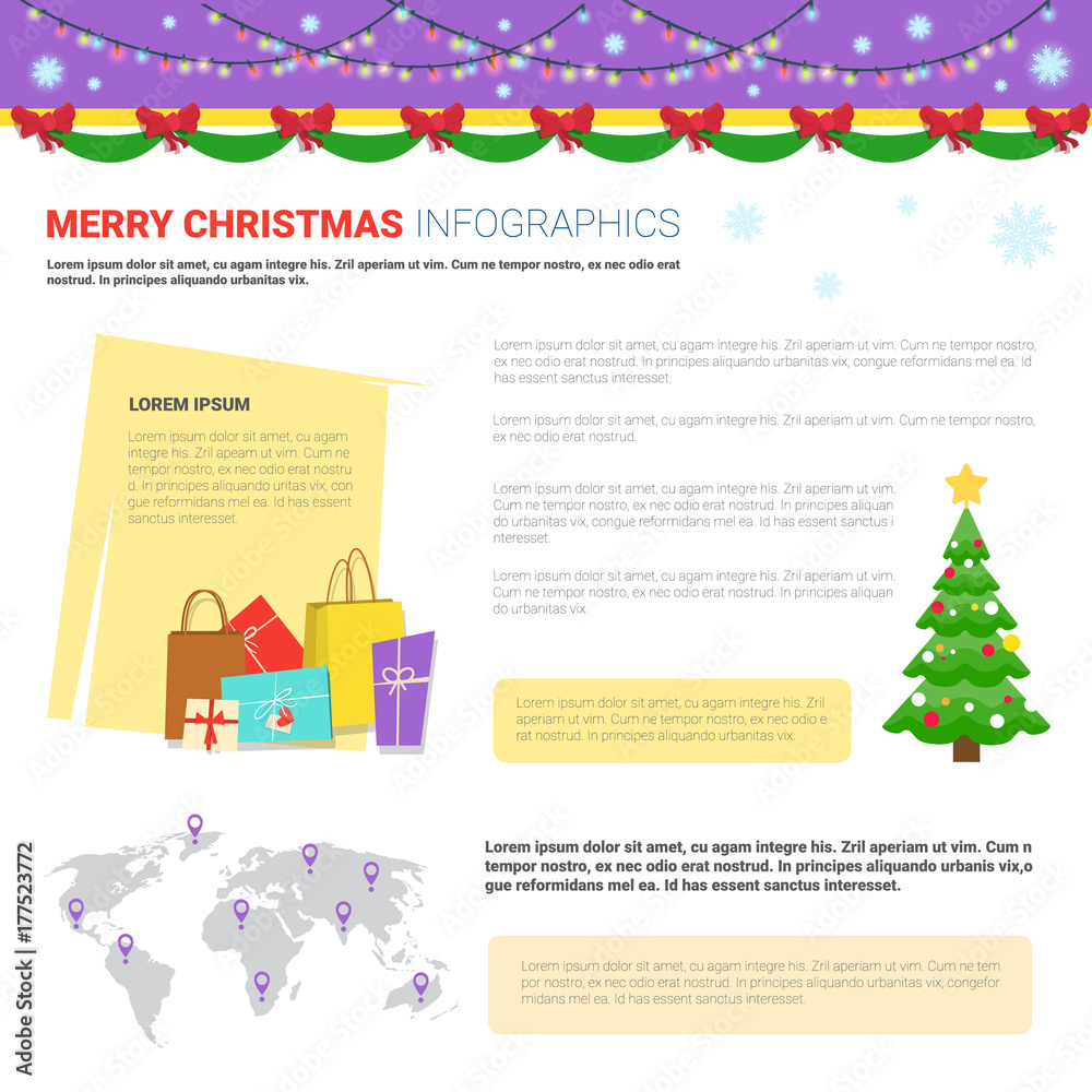 Merry Christmas Infographic Elements Set, Templates With Text Copy Space, Shopping Bags And World Map Flat Vector Illustration