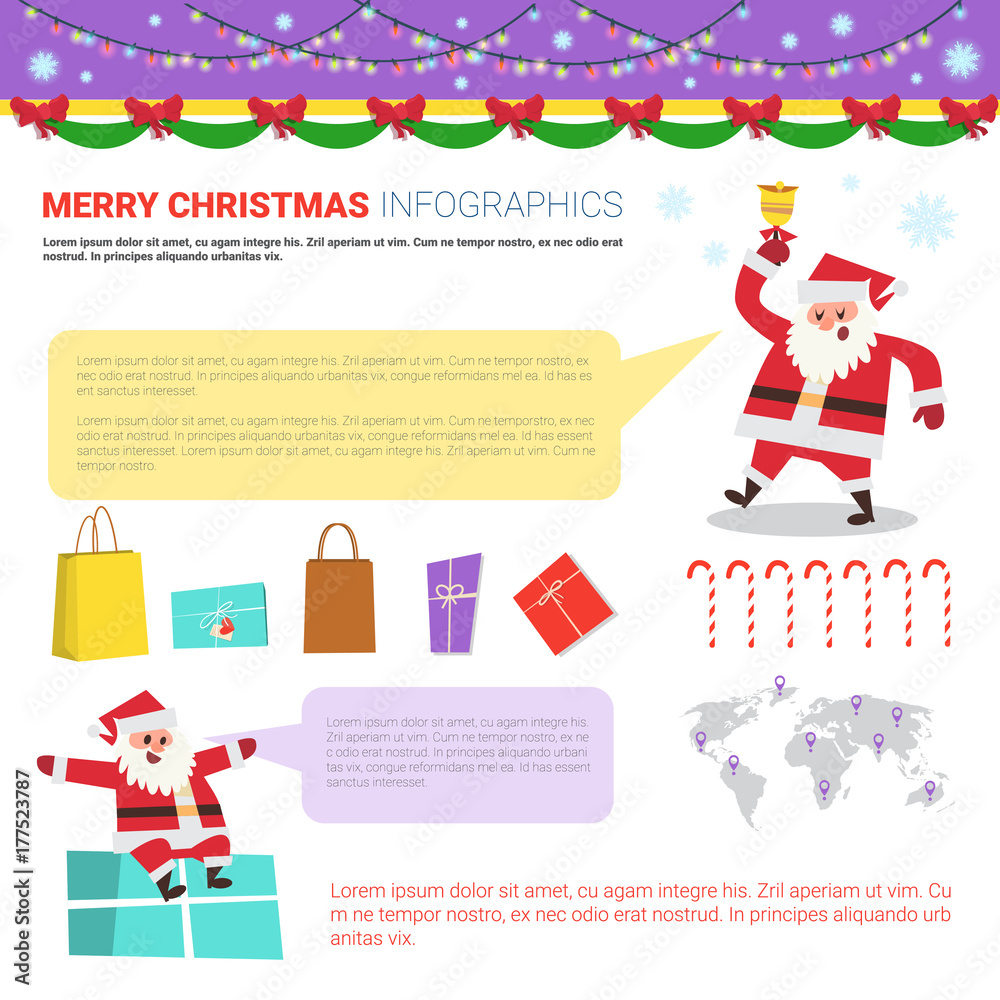 Merry Christmas Infographic Elements Set, Templates With Text Copy Space, World Map And Snata Holding Present Boxes Flat Vector Illustration