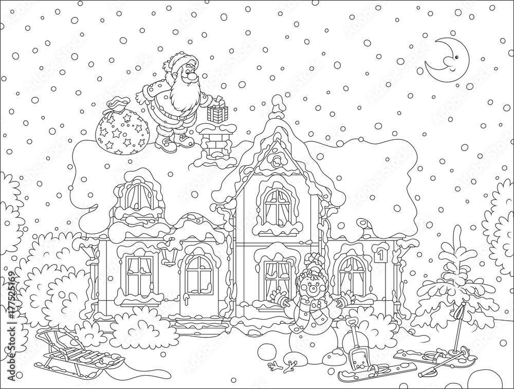 Santa Claus with Christmas gifts on a snow-covered rooftop of a house Santa Claus with Christmas gifts on a snow-covered rooftop of a house