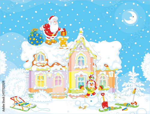 Santa Claus with Christmas gifts on a snow-covered rooftop of a house