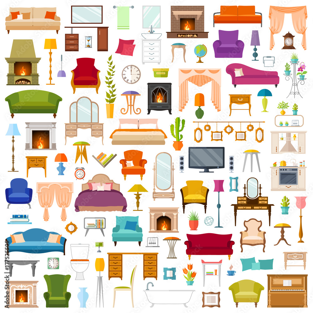 Vector set of furniture in flat style isolated on white background. A ...