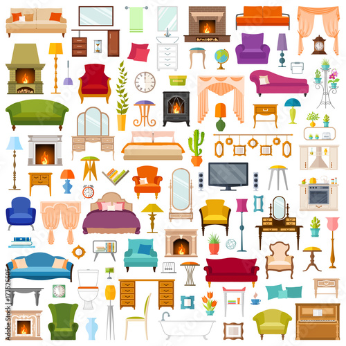 Vector set of furniture in flat style isolated on white background. A collection of furniture icons. photo