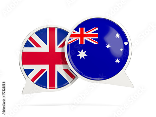 Chat bubbles of UK and Australia isolated on white
