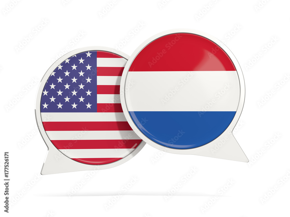 Fototapeta premium Chat bubbles of USA and Netherlands isolated on white