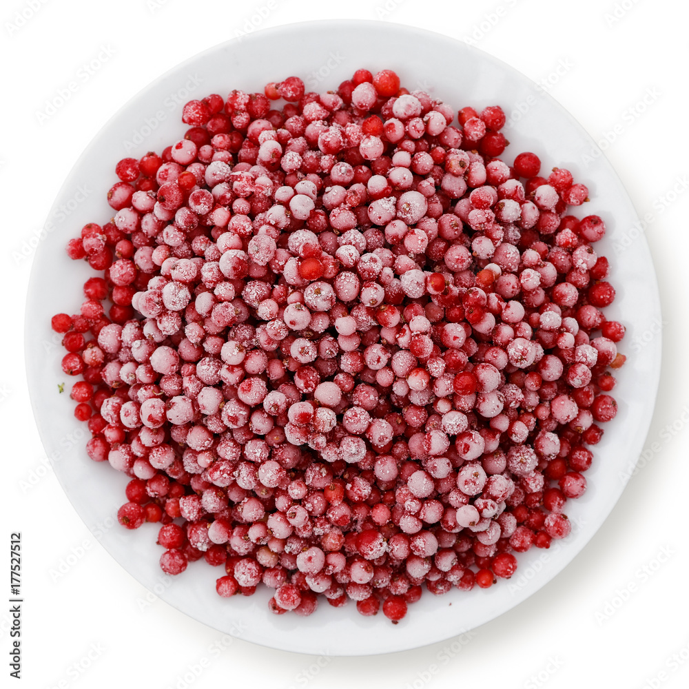 Frozen redcurrants on white ceramic plate isolated on white from above. Frozen redcurrants on white ceramic plate isolated on white from above.