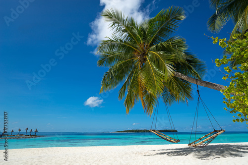 Fototapeta Naklejka Na Ścianę i Meble -  Beautiful beach. View of nice tropical beach with palms around and a swing. Holiday and vacation concept. Tropical beach.