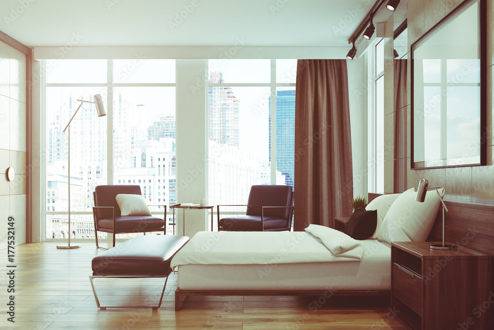 Fototapeta premium Light gray bedroom interior, poster, side, toned