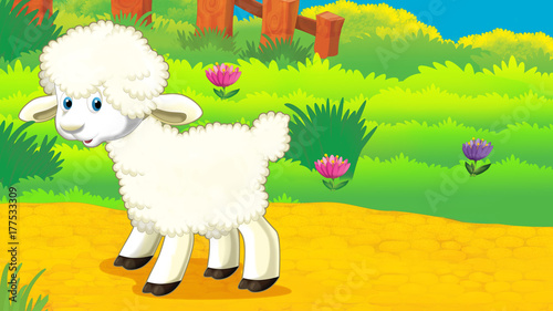 cartoon scene with sheep standing on the meadow and looking illustration for children