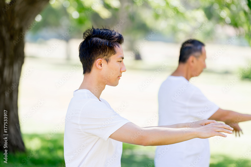 People practicing thai chi in park People practicing thai chi in park