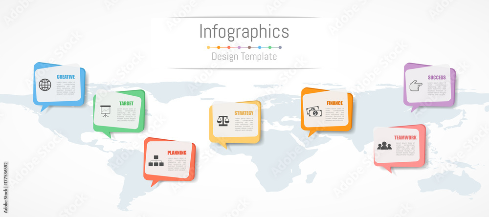 Infographic design for your business data with 7 options, parts, steps, timelines or processes. Communication network concept, Vector Illustration. World map of this image furnished by NASA Infographic design for your business data with 7 options, parts, steps, timelines or processes. Communication network concept, Vector Illustration. World map of this image furnished by NASA