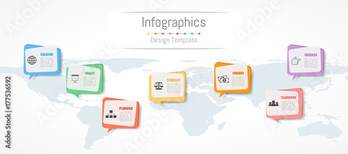 Infographic design for your business data with 7 options, parts, steps, timelines or processes. Communication network concept, Vector Illustration. World map of this image furnished by NASA